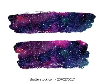 Cosmic backgrounds. Colorful watercolor galaxy or night sky with stars texture. Brush stroke artistic shape, banner, text frame. Hand drawn watercolor cosmos illustration. Pink, violet stains. 