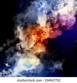 Nubes cósmicas de niebla sobre fondo colorido y brillante Ilustración de stock