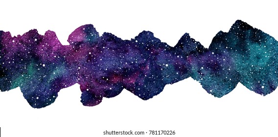 Cosmic, cosmos, astro watercolor background. Elongated brush stroke shape, frame, border. Colorful watercolour galaxy or night sky with stars. Hand drawn aquarelle illustration with blobs texture.
