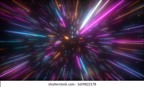 Cosmic hyperspace background. Speed of light, neon glowing abstract rays and stars in motion. Moving through stars. 3d illustration