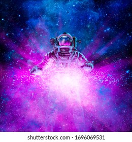 Cosmic Light Astronaut / 3D Illustration Of Science Fiction Scene With Astronaut Lit By Exploding Galaxy In Outer Space