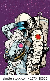 Cosmic Love Of Cosmonauts, Man Hugs Woman. Pop Art Retro Comic Book  Cartoon  Illustration Hand Drawing