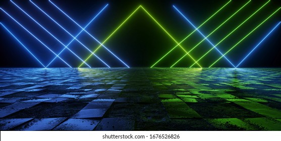Cosmic Sci Fi Futuristic Pantone Blue Green Neon Modern Laser Grunge Rough Cement Tiled Concrete Floor Triangle Shaped Lights VIbrant Electric Cyber Virtual 3D Rendering illustration