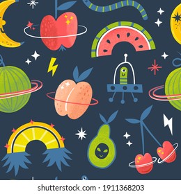 Cosmic Veggie Worm Alien Apple Planet Fruity Space Seamless Pattern. Extraterrestrial Fictional Childish Background For Textile Apparel Design Print