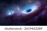 Cosmic Vortex: A captivating image of two black holes warping space and time, surrounded by swirling nebulas and stardust.