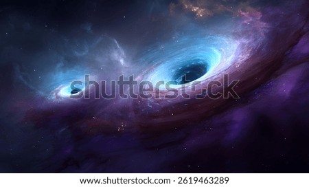 Cosmic Vortex: A captivating image of two black holes warping space and time, surrounded by swirling nebulas and stardust.