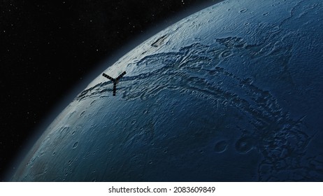 Cosmos Concept. A Space Satellite Flies Over The Moon. 3d Illustration