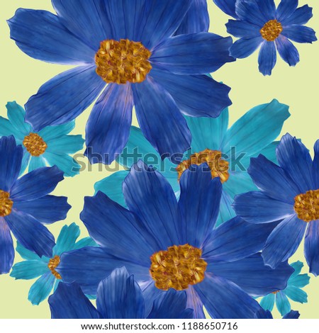 Cosmos. Texture of flowers. Seamless pattern for continuous replicate. Floral background, photo collage for production of textile, cotton fabric. For use in wallpaper, covers