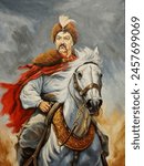 Cossack a horse, Bohdan Zynovii Mykhailovych Khmelnytskyi portrait. Oil paintings, fine art