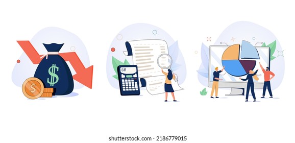 Cost optimization concept set. Idea of financial and marketing strategy. Cost and income balance. Spending and cost reduction, while maximizing business value. Isolated flat illustration 