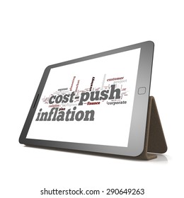 Cost Push Inflation Word Cloud On Tablet Image With Hi-res Rendered Artwork That Could Be Used For Any Graphic Design.