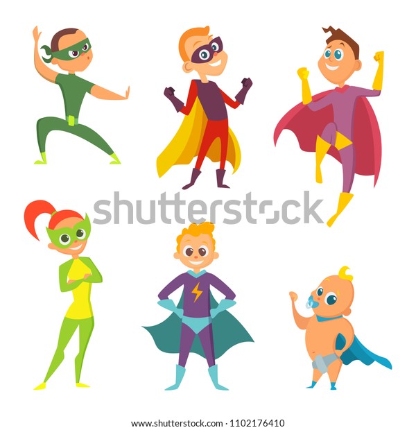 スーパーヒーローの子供の衣装 アクションポーズをとった子どもの漫画イラスト スーパーヒーローの衣装を着た少年と少女 のイラスト素材