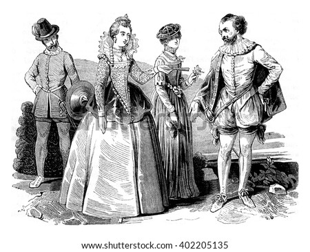 Costumes Elizabethan (1565-1569), vintage engraved illustration. Colorful History of England, 1837.
