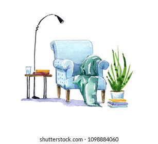 Cosy Armchair, Reading Place Watercolor Illustration