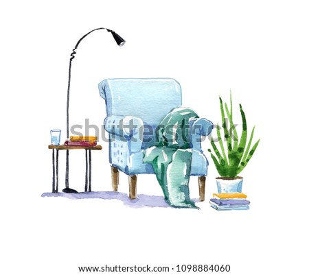 Cosy armchair, reading place watercolor illustration