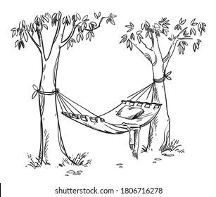 Cosy Hammock In A Garden,  Line Drawing