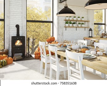 Cosy Nordic Kitchen In An Apartment. Thanksgiving And Fall Concept. 3D Rendering