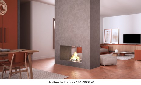 Cosy Orange And Beige Living Room With Sofa, Carpet, Table And Pouf, Concrete Modern Fireplace, Kitchen With Dining Table, Terracotta Tile Floors, Contemporary Interior Design, 3d Illustration