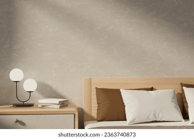 A cosy Scandinavia minimalist bedroom interior design with a bed with comfy pillows, a minimal table lamp and books on a bedside drawer, and beige wall. 3d render, 3d illustration
