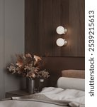 A cosy Scandinavia minimalist dark wooden bedroom interior design with a bed with comfy pillows, a minimal table lamp and books on a bedside drawer, and beige wall. 3d render, 3d illustration