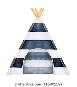 Cosy teepee tent illustration. One single object, black and white stripes pattern, beautiful textile design, front view. Hand drawn watercolour painting on white background, isolated clip art element.
