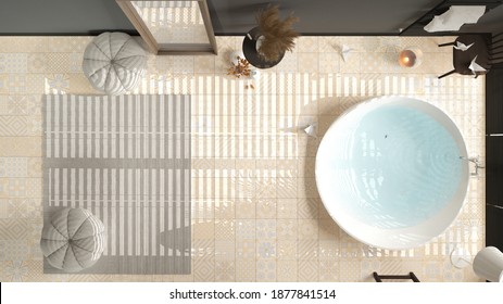 Cosy Wooden Peaceful Bathroom In Dark Tones, Big Bathtub, Ceramic Tiles Floor, Carpet With Sofa, Round Poufs, Mirror, Spa, Hotel Suite, Modern Interior Design, Top View, Plan, Above, 3d Illustration