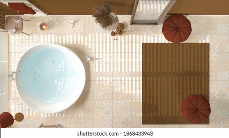 Cosy Wooden Peaceful Bathroom In Orange Tones, Big Bathtub, Ceramic Tiles Floor, Carpet With Sofa, Round Poufs, Mirror, Spa, Hotel Suite, Modern Interior Design, Top View, Plan, Above, 3d Illustration