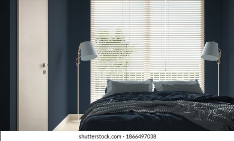 Cosy wooden peaceful bedroom in blue tones, double bed with pillows and blankets close-up, ceramic tiles floor, floor lamps, big window with venetian blinds, modern interior design, 3d illustration