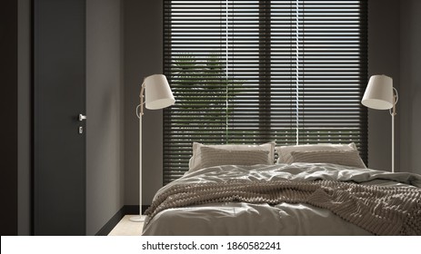 Cosy wooden peaceful bedroom in dark tones, double bed with pillows and blankets close-up, ceramic tiles floor, floor lamps, big window with venetian blinds, modern interior design, 3d illustration