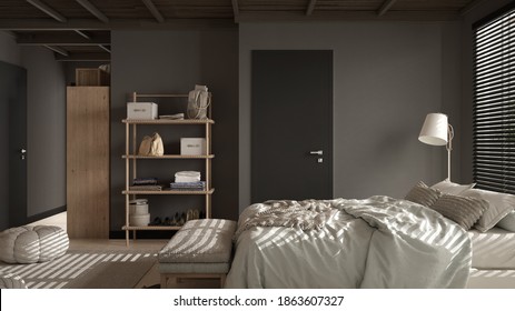 Cosy wooden peaceful bedroom in dark tones, double bed with pillows and blankets, ceramic tiles floor, carpet, poufs, shelves and window with venetian blinds, modern interior design, 3d illustration