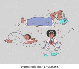 Cosy Yoga Illustration. Drawings Of Sleeping People. Gentle Yoga And Self-care For Men And Women.