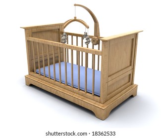 Cot For A Baby Boy With Hanging Teddy Mobile