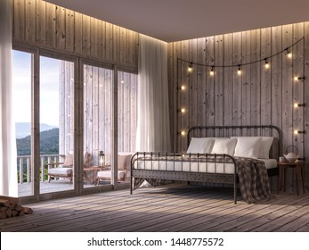 Cottage Bedroom 3d Render, The Floor And Walls Are Old Wood, Decorated With Black Metal Bed. Decorated With String Lights On The Wall,There Are Large Doors Overlooking  Balcony And Mountain View.