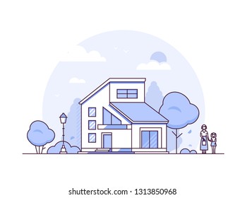 Cottage house - thin line design style illustration on white background. Purple colored composition with a small nice building, lantern, trees. Mother and daughter standing next to a house