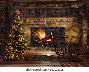 Cottage Room With A Fireplace, Christmas Tree And A Rocking Chair