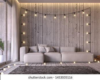 Cottage Style Living Room 3d Render, Floor And Wall Are Old Wood, Decorated With Beige Fabric Sofa Decorated With String Lights On The Wall Seem Prepared For A Party.