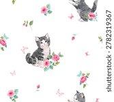 Cottagecore Seamless Pattern with Cute Kittens, Pink Roses and Butterflies. Ditsy Floral Pastel Background in Shabby Chic Style for Nursery Fabric, Baby Textile and Feminine Wallpaper.