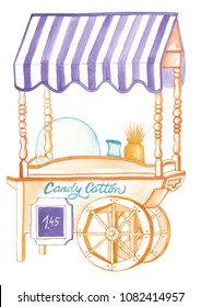 Cotton Candy Machine Watercolor Hand Drawn Illustration