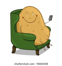 Couch potato illustration; Smiling potato sitting on a couch holding a remote control