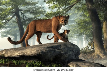 A cougar and her cub watch you in the forest.  The mountain lions look wary of you as the mother holds her baby back with her paw.  Both of these cats look intently at you. 3D rendering
 - Powered by Shutterstock