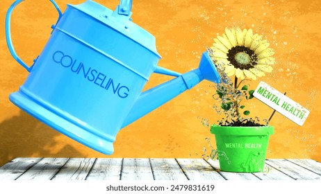 Counseling gives mental health. A metaphor in which counseling is the power that makes mental health to grow. Same as water is important for flowers to blossom. ,3d illustration - Powered by Shutterstock