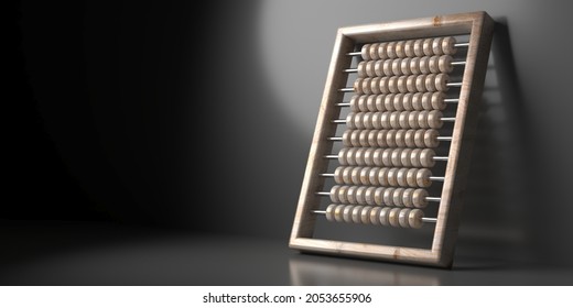 Count abacus with wooden beads and frame against black wall, dark background, light on the abacus. School class traditional equipment for kids learning counting, Copy space, template. 3d illustration