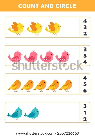 Count and circle the correct number. Counting educational children game. Math kids activity sheet. How many counting game with cute birds illustration.