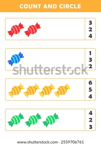 Count and circle the correct number. Counting educational children game. Math kids activity sheet. How many counting game with cute candy illustration.