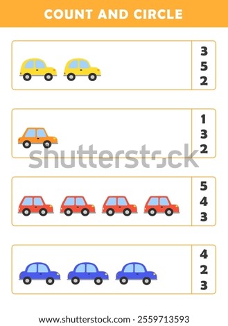 Count and circle the correct number. Counting educational children game. Math kids activity sheet. How many counting game with cute car illustration.
