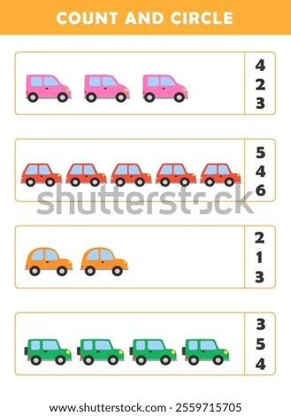 Count and circle the correct number. Counting educational children game. Math kids activity sheet. How many counting game with cute car illustration.