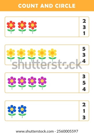 Count and circle the correct number. Counting educational children game. Math kids activity sheet. How many counting game with cute flowers illustration.
