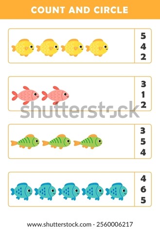 Count and circle the correct number. Counting educational children game. Math kids activity sheet. How many counting game with cute fish illustration.