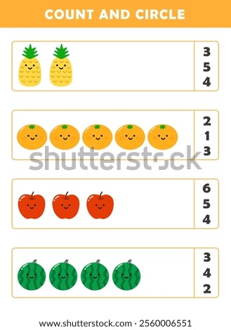Count and circle the correct number. Counting educational children game. Math kids activity sheet. How many counting game with cute fruits illustration.