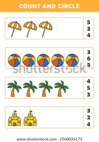 Count and circle the correct number. Counting educational children game. Math kids activity sheet. How many counting game with cute beach illustration.
